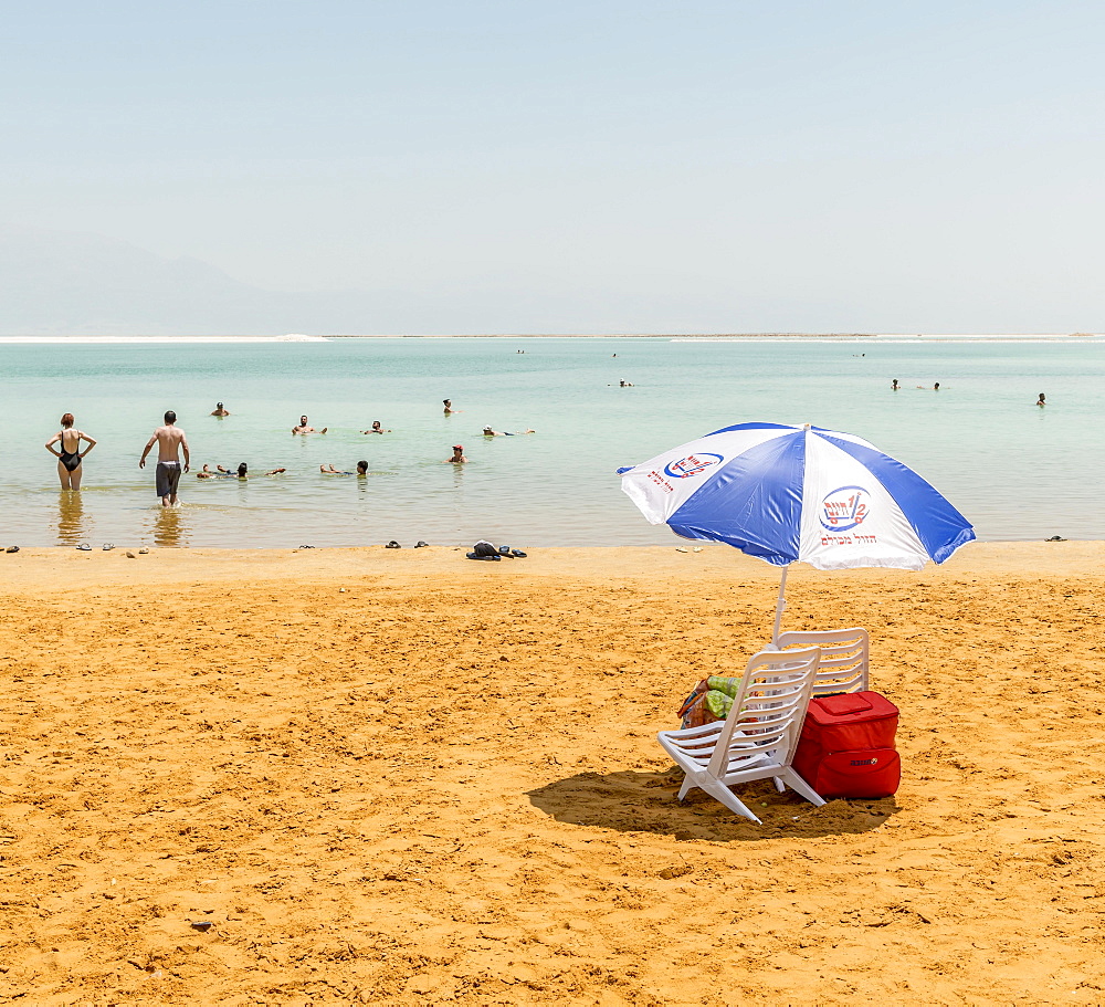 Beach chair and parasol at the beach, Ein Bokek Beach, Dead Sea, Kalia Beach, Israel, Asia