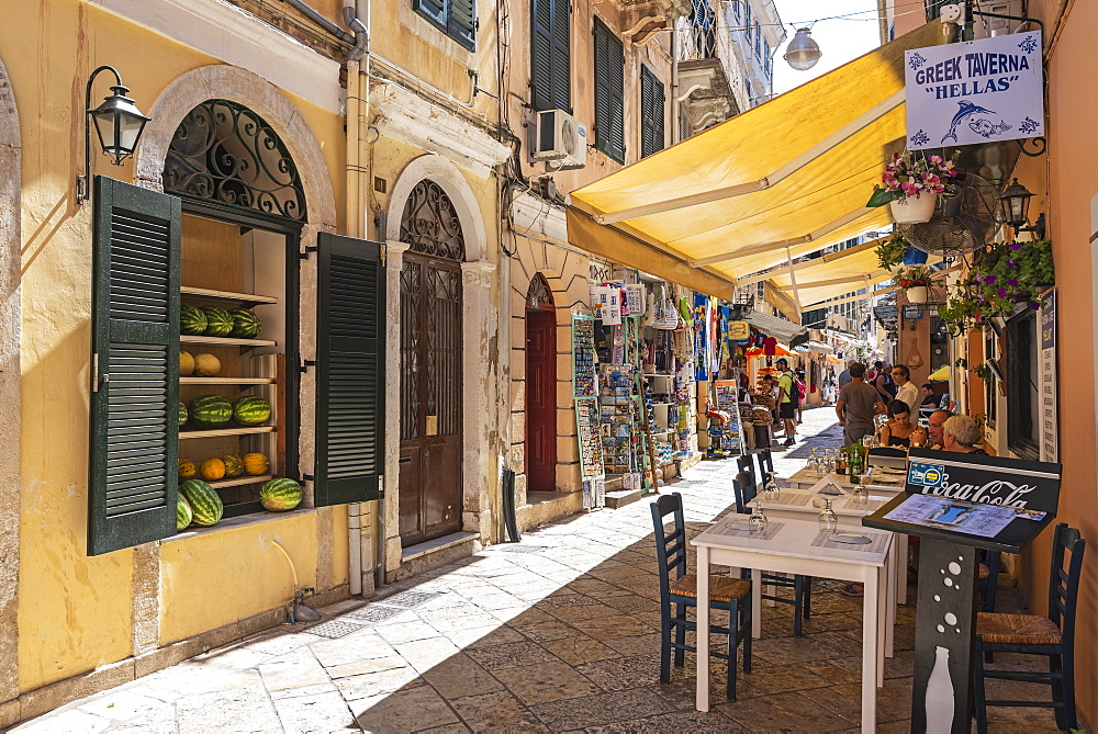 Restaurant, tavern, shops, old town, Kerkyra, island Corfu, Ionian Islands, Greece, Europe