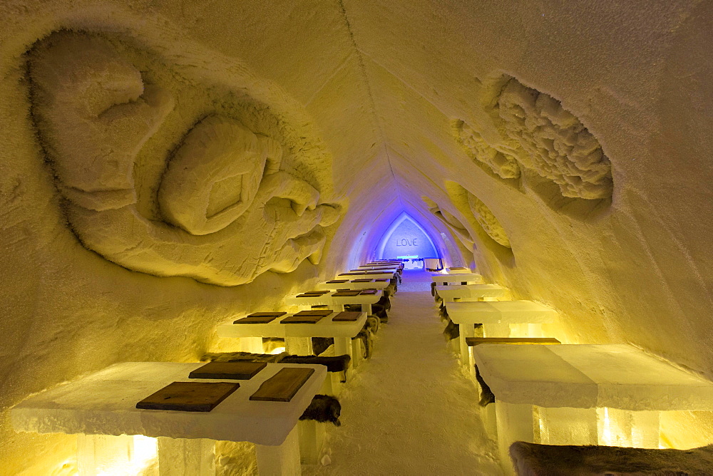 Tables and stools, Ice Hotel or Snow Hotel, Sinetta, Lapland, Finland, Europe