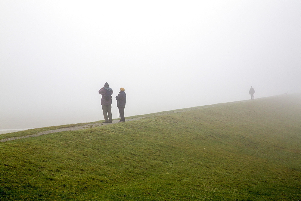 Hikers standing on a dyke, in dense autumn fog, Spiekeroog, East Frisian Islands, East Frisia, Lower Saxony, Germany, Europe