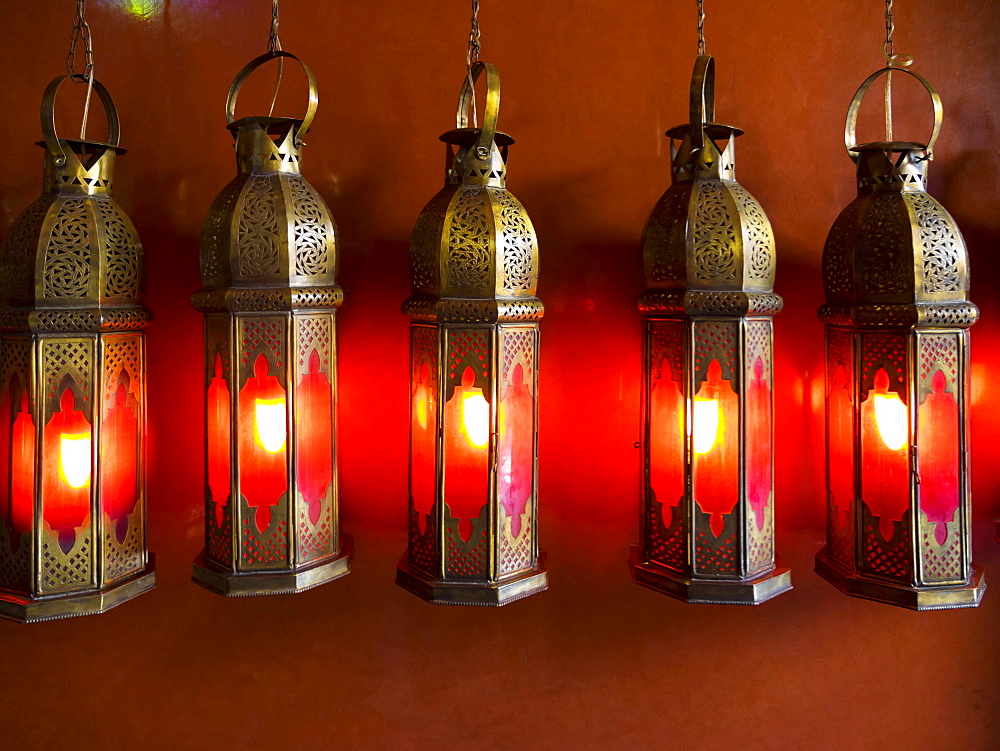 Metal lamps at Cafe Arabe, trendy meeting place, Medina, Marrakech, Marrakech-Tensift-Al Haouz, Morocco, Africa