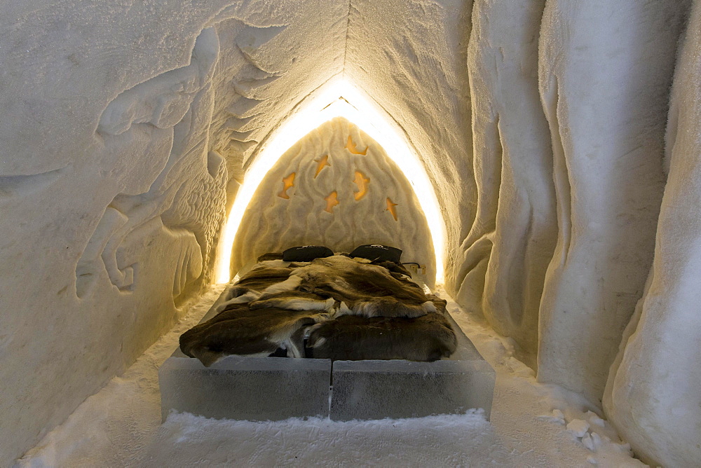 Bedroom in the Ice Hotel or Snow Hotel, Sinetta, Lapland, Finland, Europe