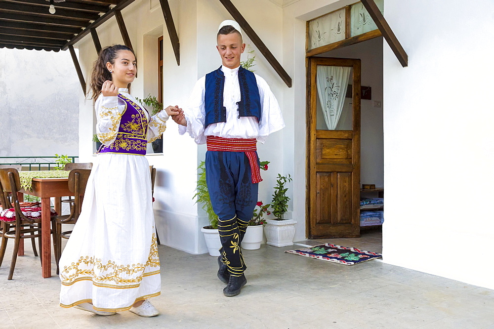 Local folkloric group in traditional costume demonstrating national Albanian dance, Berat, Albania, Europe