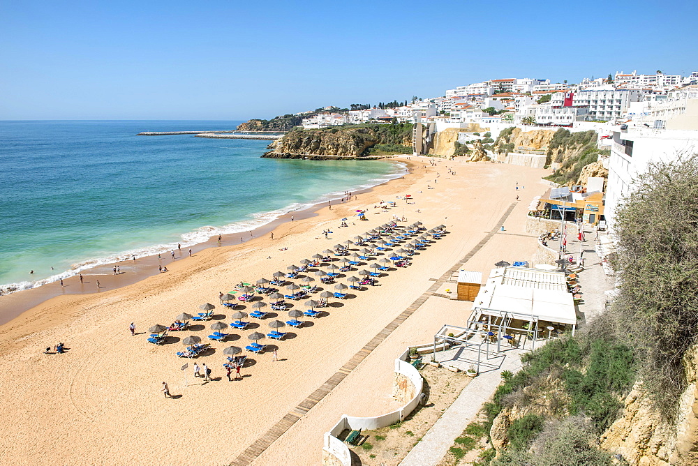 Fisherman's Beach, parasols and beach chairs, Albufeira, Algarve, Portugal, Europe