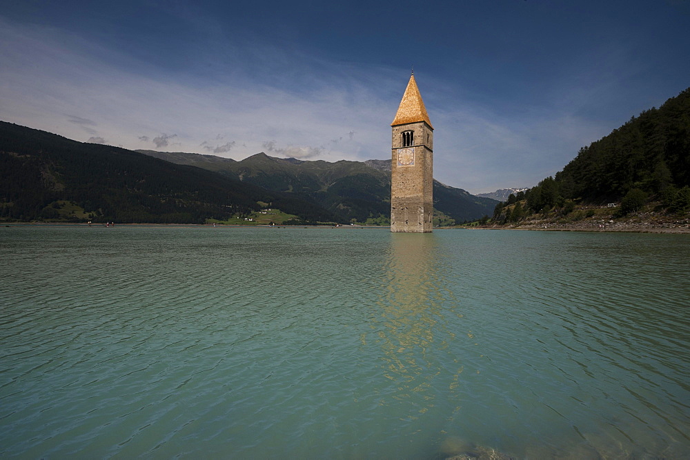 Church tower of Alt-Graun in Lake Reschen, Graun, Vinschgau, South Tyrol, Italy, Europe