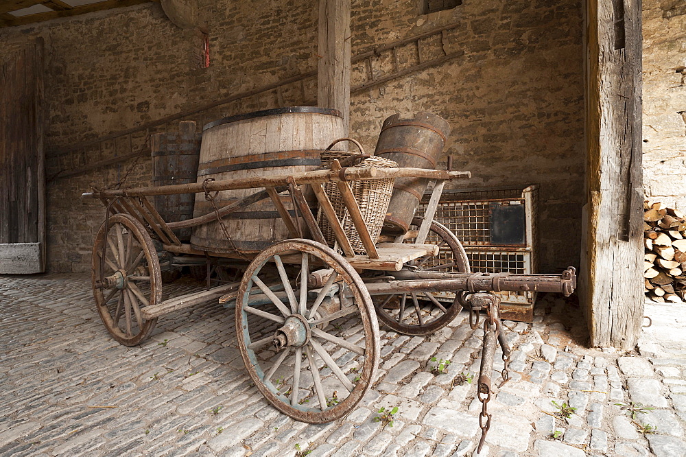 Old hay cart with wine barrels in the courtyard of a wine press, 19th century, Franconian Open Air Museum of Bad Windsheim, Middle Franconia, Bavaria, Germany, Europe