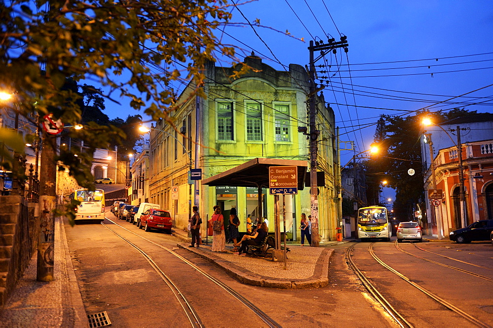 Largo dos Guimaraes square at dusk, blue hour, Santa Teresa neighborhood, Rio de Janeiro, Brazil, South America