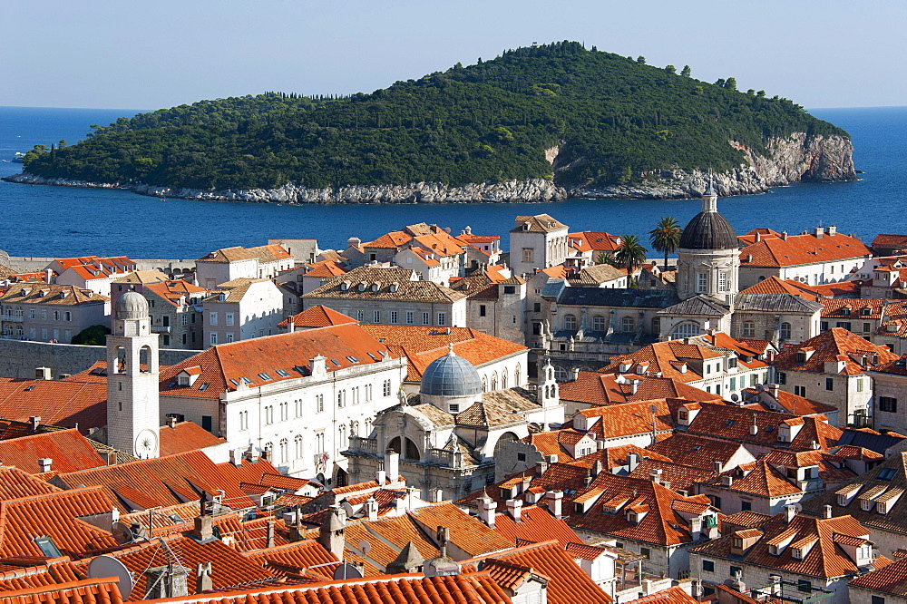 View from the city wall over the historic town centre towards the island of Lokrum, Dubrovnik, Dalmatia, Croatia, Europe