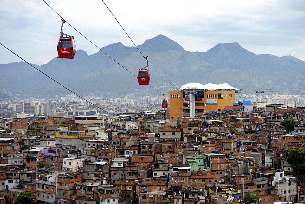 Complexo do Alemao favela, a cable car connects several built-up hills, Rio de Janeiro, Brazil, South America