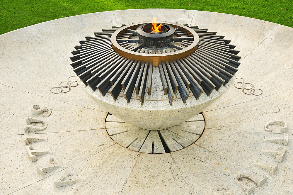 Constantly burning Olympic flame at the Museum Park, Olympic Museum, Lausanne, Canton of Vaud, Switzerland, Europe