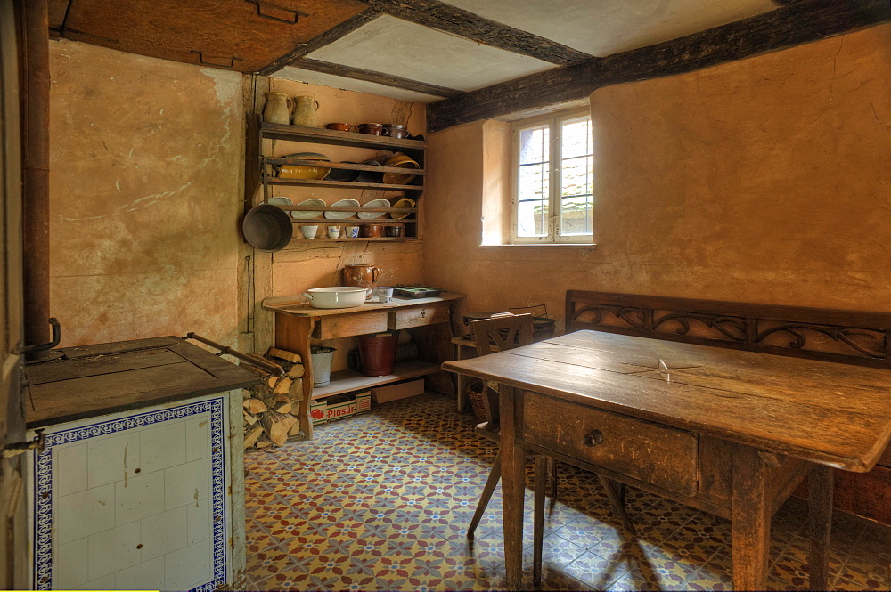 Kitchen of a poor winegrower, Hackerhaus, mid-19th century, Franconian Open Air Museum of Bad Windsheim, Middle Franconia, Bavaria, Germany, Europe