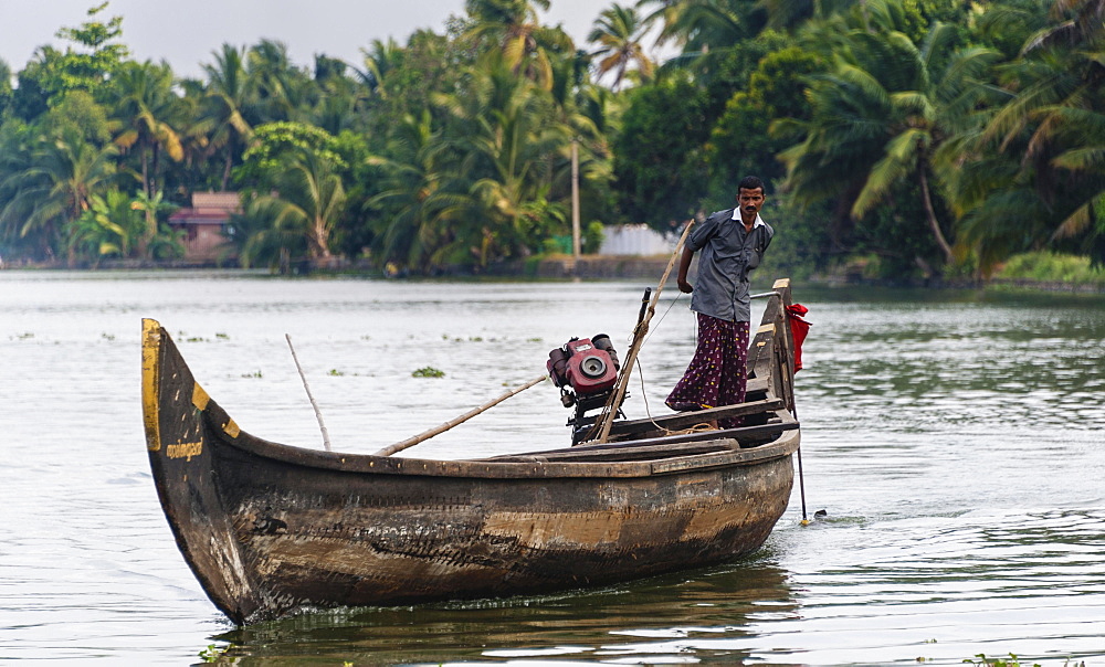 Indian man steering a boat, Backwaters, Alappuzha District, Alleppey, Kerala, India, Asia