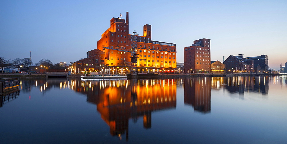 Werhahnmuhle, former silo and mill building, inner harbour, Duisburg, Ruhr district, North Rhine-Westphalia, Germany, Europe