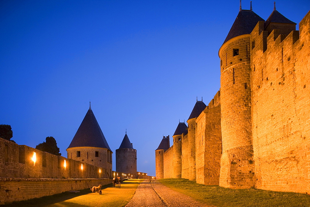 Fortress with watch towers, Carcassonne, Languedoc-Roussillon, Departement Aude, France, Europe