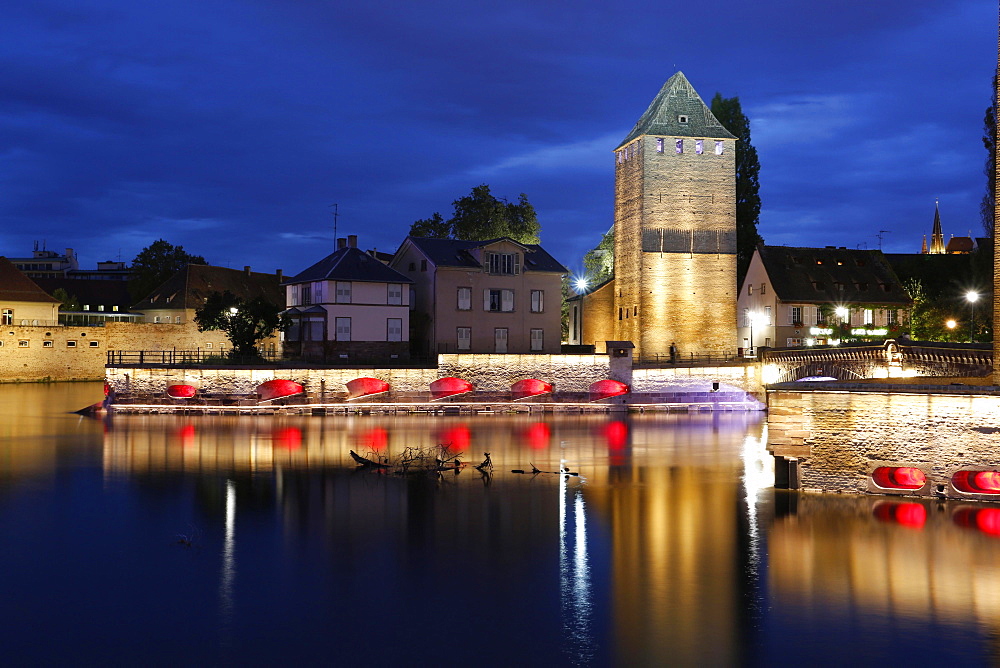 Historic city fortifications at night, Strasbourg, Alsace, France, Europe