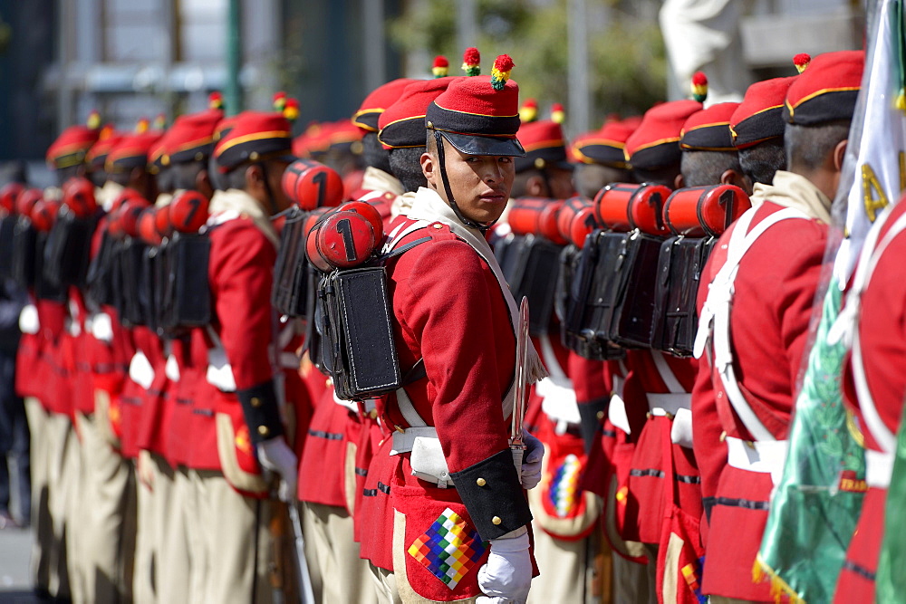 Presidential Guard in historical uniform on Plaza Murillo square, La Paz, Bolivia, South America