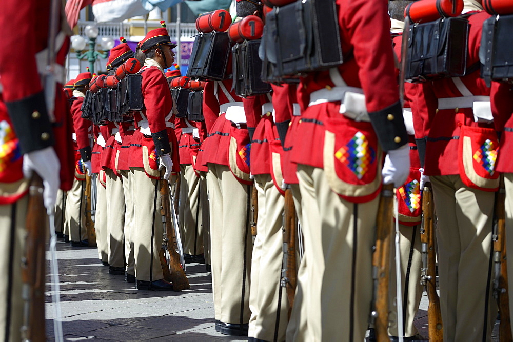 Presidential Guard in historical uniform on Plaza Murillo square, La Paz, Bolivia, South America