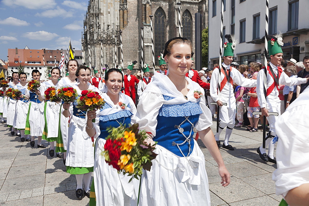 Fair maidens during a parade on Munsterplatz square, Fischerstechen or water jousting festival, Ulm, Baden-Wurttemberg, Germany, Europe