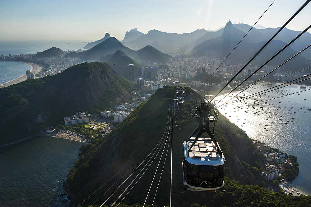 View from the Sugarloaf Mountain or Pao de Acucar and the famous cable car, Rio de Janeiro, Brazil, South America