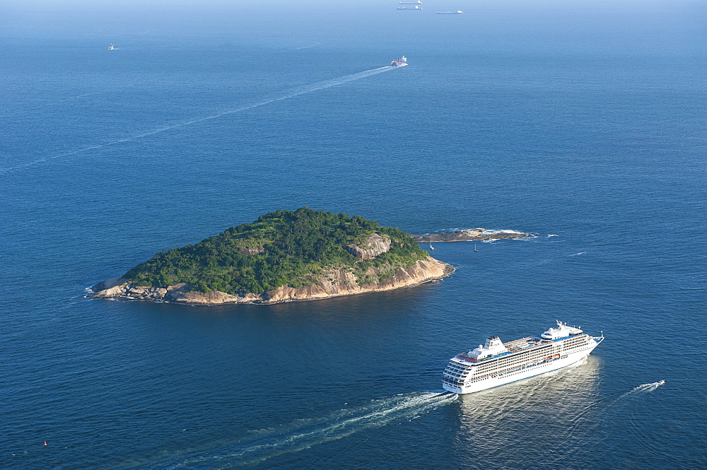 View from the Sugarloaf Mountain or Pao de Acucar onto a cruise ship, Rio de Janeiro, Brazil, South America