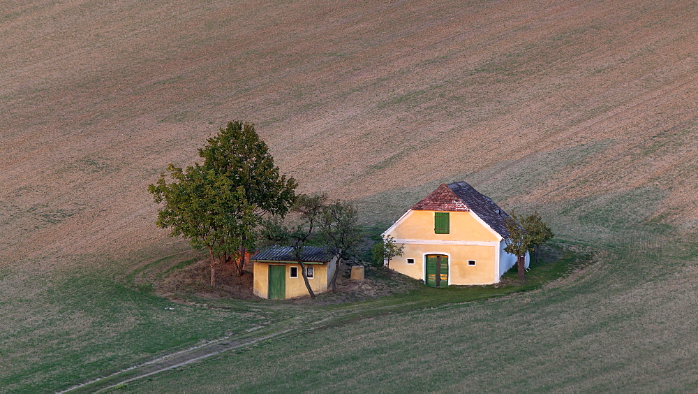 Wine cellar in the last evening light, Hollabrunn, Wine Quarter, Lower Austria, Austria, Europe