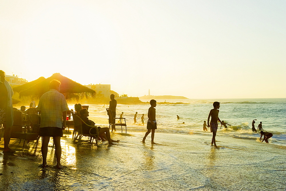 Beach bar at sunset, Los Canos de Meca, Cadiz province, Costa de la Luz, Andalusia, Spain, Europe