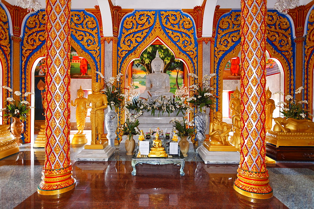 Buddhist altar and ornate columns, Wat Chalong temple, Phuket, Thailand, Asia