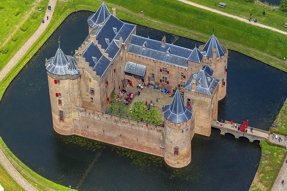 Aerial view, Muiderslot castle, moated castle and museum, Muiden, Province of North-Holland, Netherlands