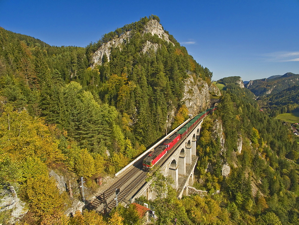 Semmering Railway runs via Krauselklause viaduct, Breitenstein, Rax region, Lower Austria, Austria, Europe