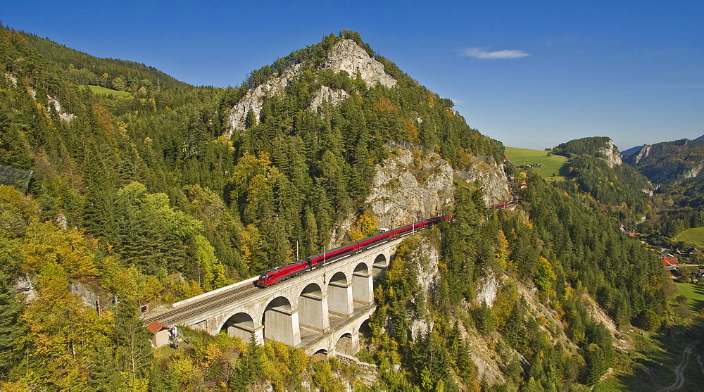 Semmering Railway runs via Krauselklause viaduct, Breitenstein, Rax region, Lower Austria, Austria, Europe