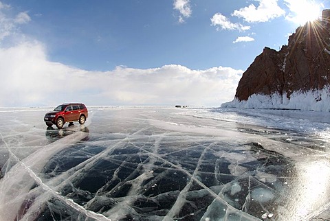 Car on frozen Lake Baikal, island Olkhon, Lake Baikal, Siberia, Russia, Eurasia