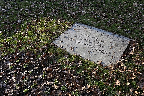 Memorial stone at the cremated remains of thousands of unknown prisoners, concentration camp, Dachau near Munich, Bavaria, Germany, Europe