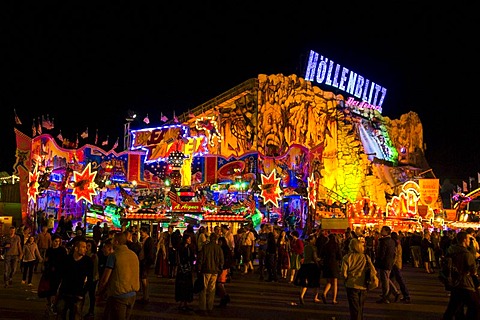 Oktoberfest, Wiesn, amusement rides, Hoellenblitz ghost train at night, Munich, Bavaria, Germany, Europe