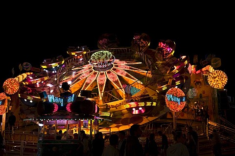 Oktoberfest, Wiesn, Playball, a rotating amusement ride at night, Munich, Bavaria, Germany, Europe