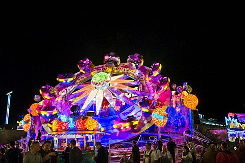 Oktoberfest, Wiesn, Playball, a rotating amusement ride at night, Munich, Bavaria, Germany, Europe