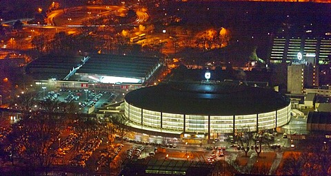 Aerial view, night view, Westfalenhalle, event venue, Dortmund, Ruhr Area, North Rhine-Westphalia, Germany, Europe