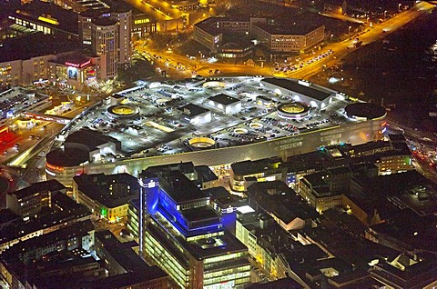 Aerial view, Limbecker Platz square at night, shopping center, ECE at night, Essen, Ruhr area, North Rhine-Westphalia, Germany, Europe
