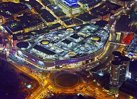 Aerial view, Limbecker Platz square at night, shopping center, ECE at night, Essen, Ruhr area, North Rhine-Westphalia, Germany, Europe
