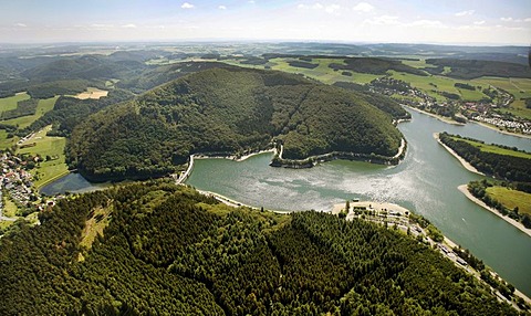 Aerial view, Diemelsee Nature Park, national park, beech forests, UNESCO World Heritage Site, Willingen Upland, Sauerland, Waldecker Land, Hesse, Germany, Europe