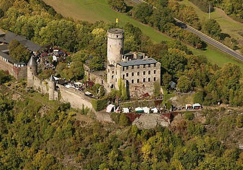 Aerial view, Pyrmont Castle Museum at the knights festival, medieval market, Pillig, Eifel mountain range, Rhineland-Palatinate, Germany, Europe