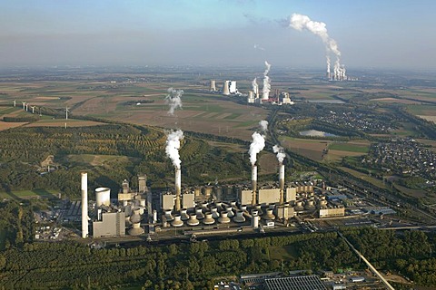 Aerial view, Neurath Power Station, owned by RWE Power AG, brown coal power station, Grevenbroich-Neurath, North Rhine-Westphalia, Germany, Europe