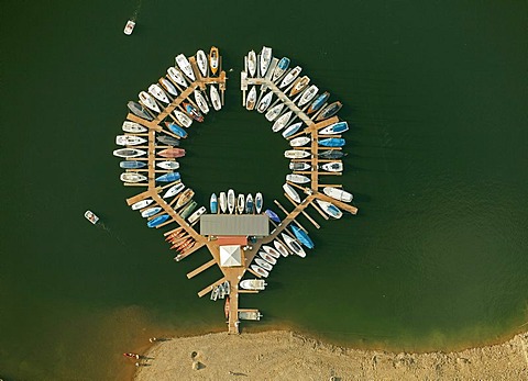 Aerial view, boats moored on lake Rurstausee, Rur Lake, at low water, Eifel National Park, North Rhine-Westphalia, Germany, Europe