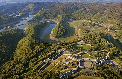 Aerial view, Ordensburg Vogelsang, a former national socialist estate on Urfttalsperre dam, Schleiden, Eifel mountain range, North Rhine-Westphalia, Germany, Europe