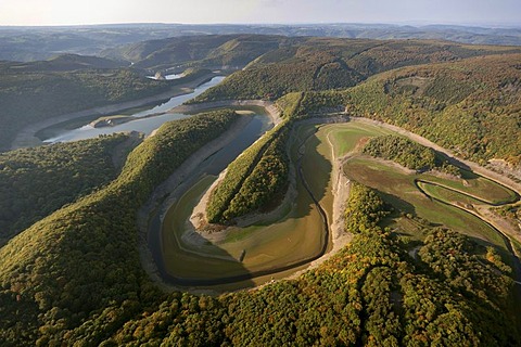 Aerial view, Urfttalsperre dam, low water, Schleiden, Eifel mountain range, North Rhine-Westphalia, Germany, Europe