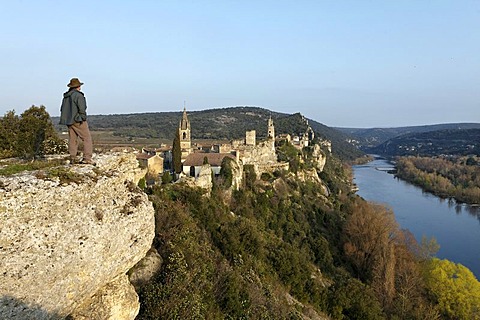 Aigueze village, labelled Les Plus Beaux Villages de France, The Most Beautiful Villages of France, medieval village at the exit of Ardeche canyon, Gard, France, Europe