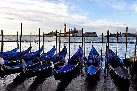 Gondolas, San Giorgio Maggiore church at back, San Marco district, Venice, UNESCO World Heritage Site, Venetia, Italy, Europe