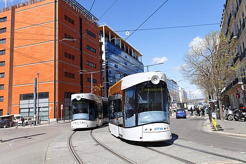 Tramway, La Joliette square, Marseille, Marseilles, Bouches-du-Rhone, France, Europe
