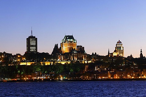 Skyline of Quebec City at dusk, St. Lawrence River, Quebec City, UNESCO World Heritage Site, Quebec, Canada