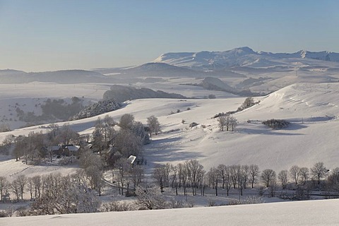 Village near La Godivelle, plateau of Cezallier, Monts Dore, Parc Naturel Regional des Volcans d'Auvergne, Regional Nature Park of Volcans d'Auvergne, Puy de Dome, Auvergne, France, Europe