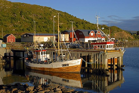 Typical red Rorbuer huts, rorbu, illuminated by warm evening light near Straume on the island of Langoya, Langoya, part of the VesterÃ‚len, Vesteralen archipelago, Nordland, Norway, Europe